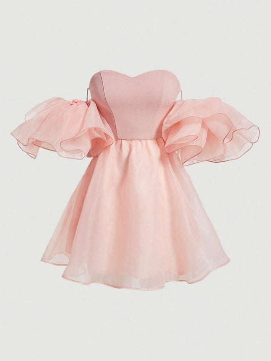 Pink A Line Off the Shoulder Organza Satin Short Homecoming Dress Cocktail Dress DP3616