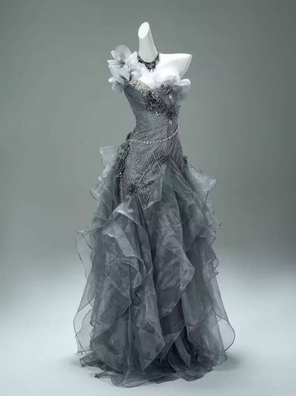Princess Grey Ball Gown 3D Floral Beaded Ruffle Organza Prom Dress 16th Birthday Dress DP5391