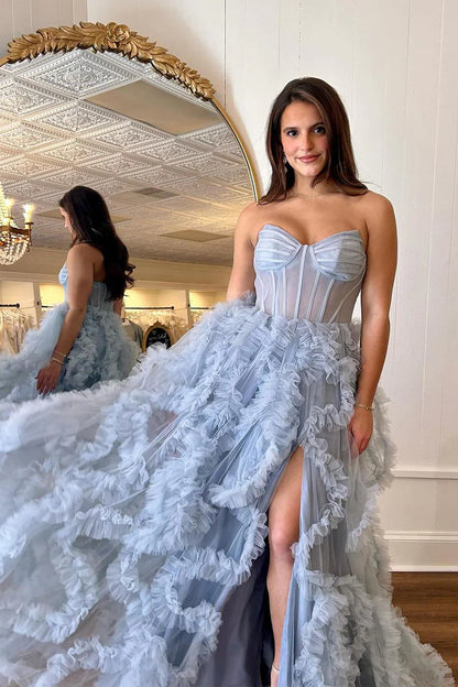 Blue A Line Strapless Ruffle Tulle Long Prom Dresses with Slit DP1070