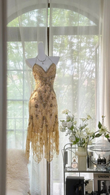 Yellow Retro Luxury Exquisite Lace Beaded Irregular Prom Dress Evening Dress DP3205