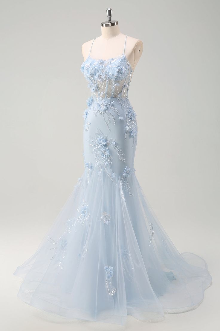 Sparkly Blue Mermaid 3D Flowers Satin Tulle Long Prom Dress Evening Dress DP1326