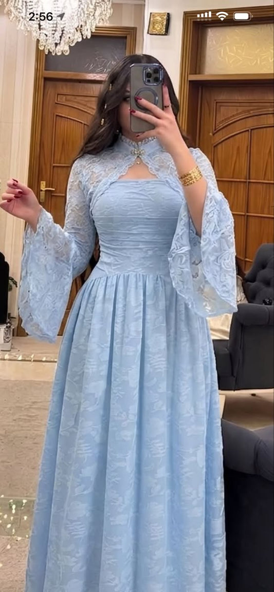 Sassy Blue A Line Long Sleeve Lace Long Prom Dress Evening Dress DP6675