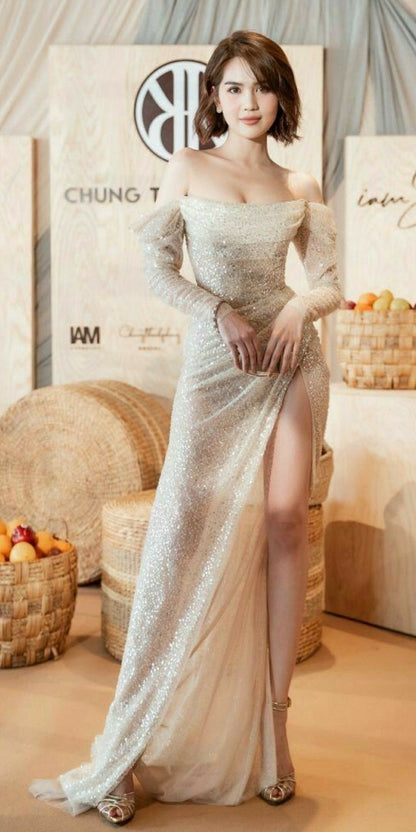 Stunning A Line Long Sleeve Silver Sequin Tulle Prom Dress Evening Dress with Slit DP4022