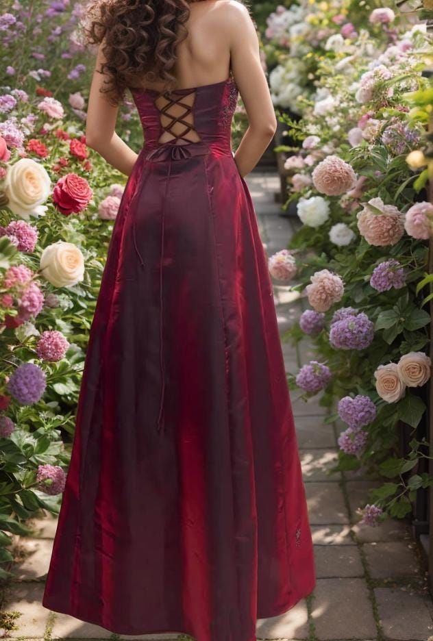 Retro Burgundy A Line Strapless Beaded Satin Prom Dress Party Dress DP3596