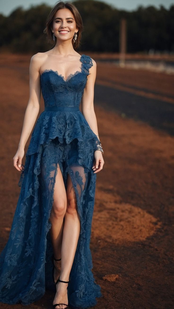 Stunning Pebble Sapphire A Line One Shoulder Lace Prom Dress Evening Dress with Slit DP3270