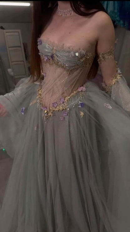 Elegant A Line Off The Shoulder Floor-length Tulle Long Sleeves Evening Dress Prom Dresses DP4169