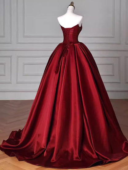 A Line Strapless Bow Red Satin Formal Gown  Evening Party Dress DP900