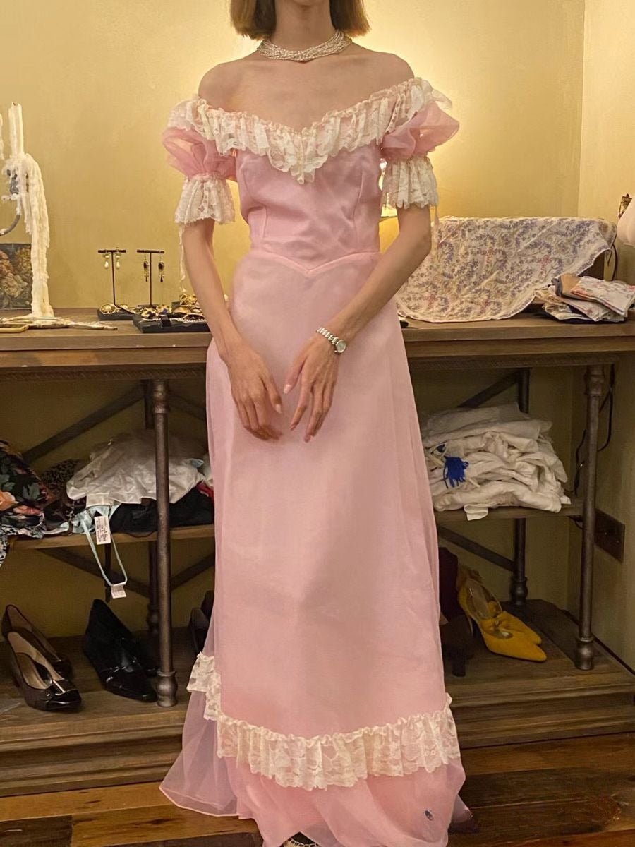 Vintage A Line Puff Sleeve White Lace Pink Chiffon Prom Dress Evening Dress DP5618