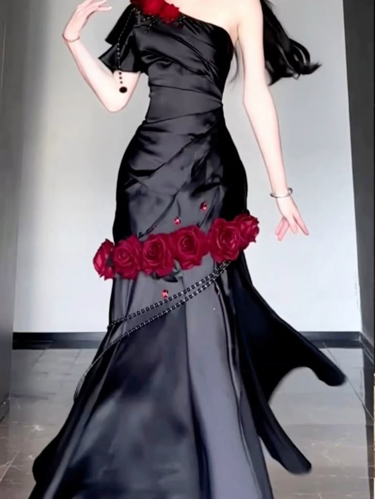 Sexy Mermaid One Shoulder Burgundy Floral Black Satin Prom Dress Party Dress DP4202