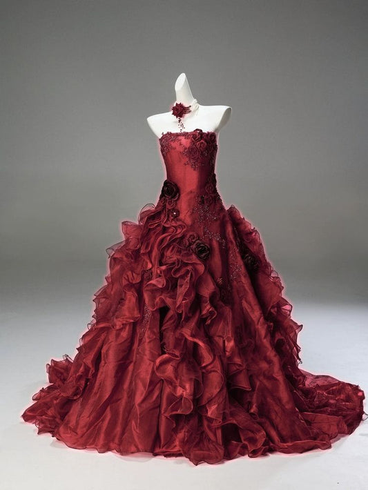 Princess Burgundy Ball Gown 3D Floral Beaded Ruffle Organza Prom Dress 16th Birthday Dress DP5392