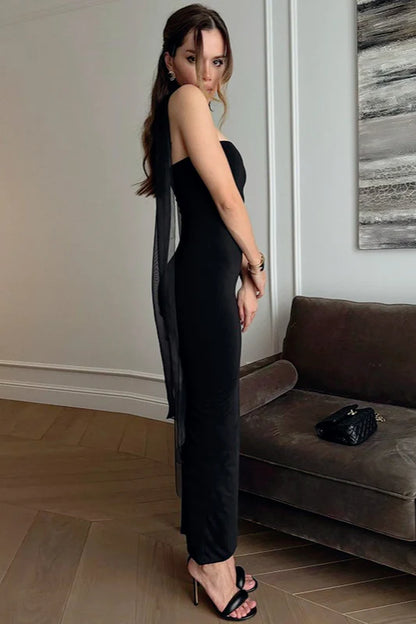 Sexy Sheath Strapless Black Satin Long Prom Dress Evening Dress DP6120