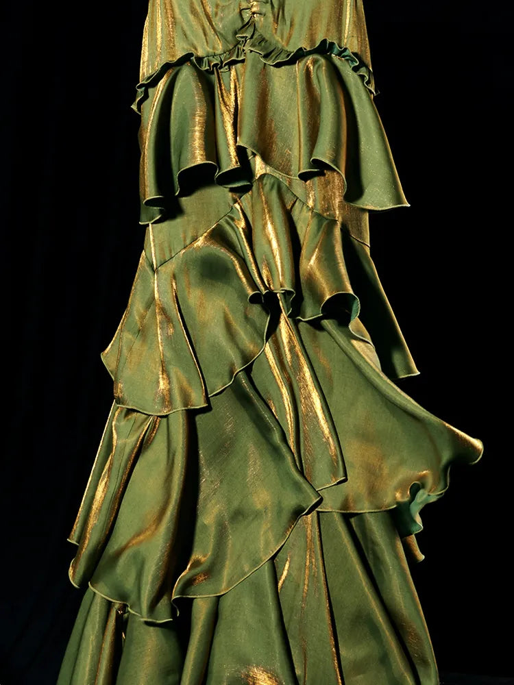 Pretty A Line Spaghetti Strap Tiered Green Satin Prom Dress Evening Dress DP1747
