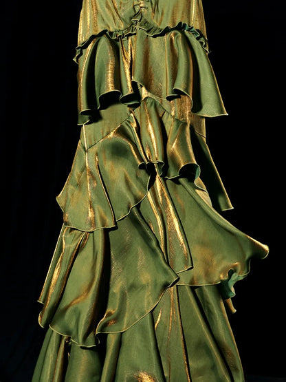 Pretty A Line Spaghetti Strap Tiered Green Satin Prom Dress Evening Dress DP1747
