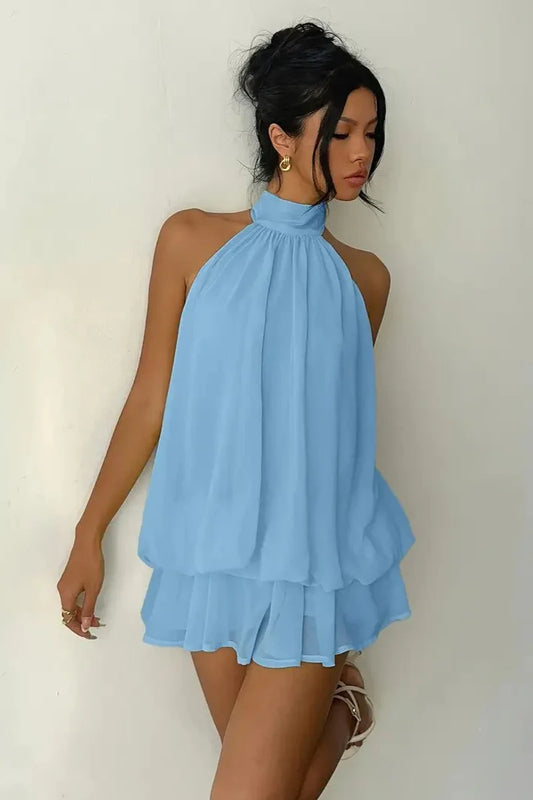 Blue Sexy Backless Halter Tie Waist Slim Fit Ruffled Mini Dress Homecoming Dress DP5910