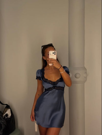Blue A Line Lace Satin Short Prom Dress Homecoming Dress DP7424