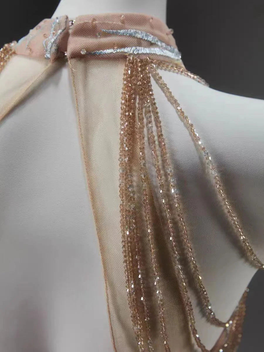 Champagne A Line Halter Beaded Appliques Tulle Long Prom Dress Evening Dress DP1348