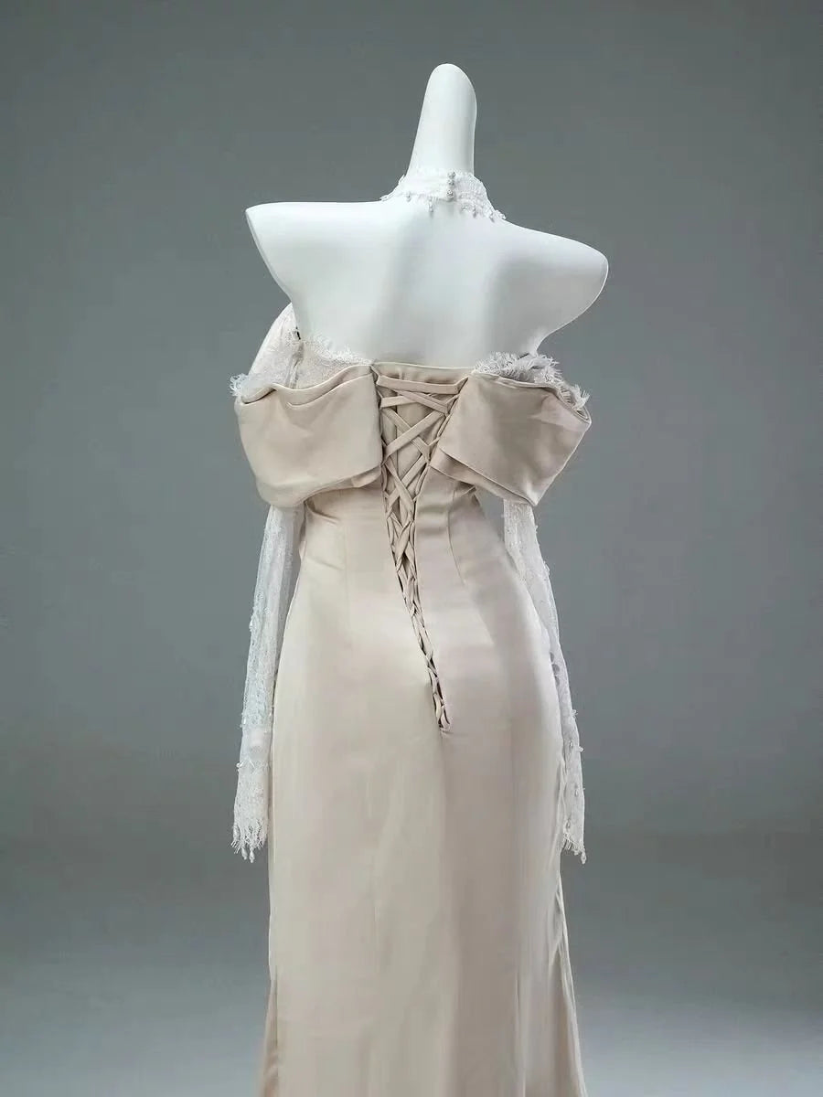 Champagne A Line Lace Long Sleeve Satin Long Prom Dress Evening Dress DP1362