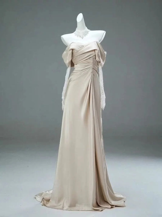 Champagne A Line Lace Long Sleeve Satin Long Prom Dress Evening Dress DP1362