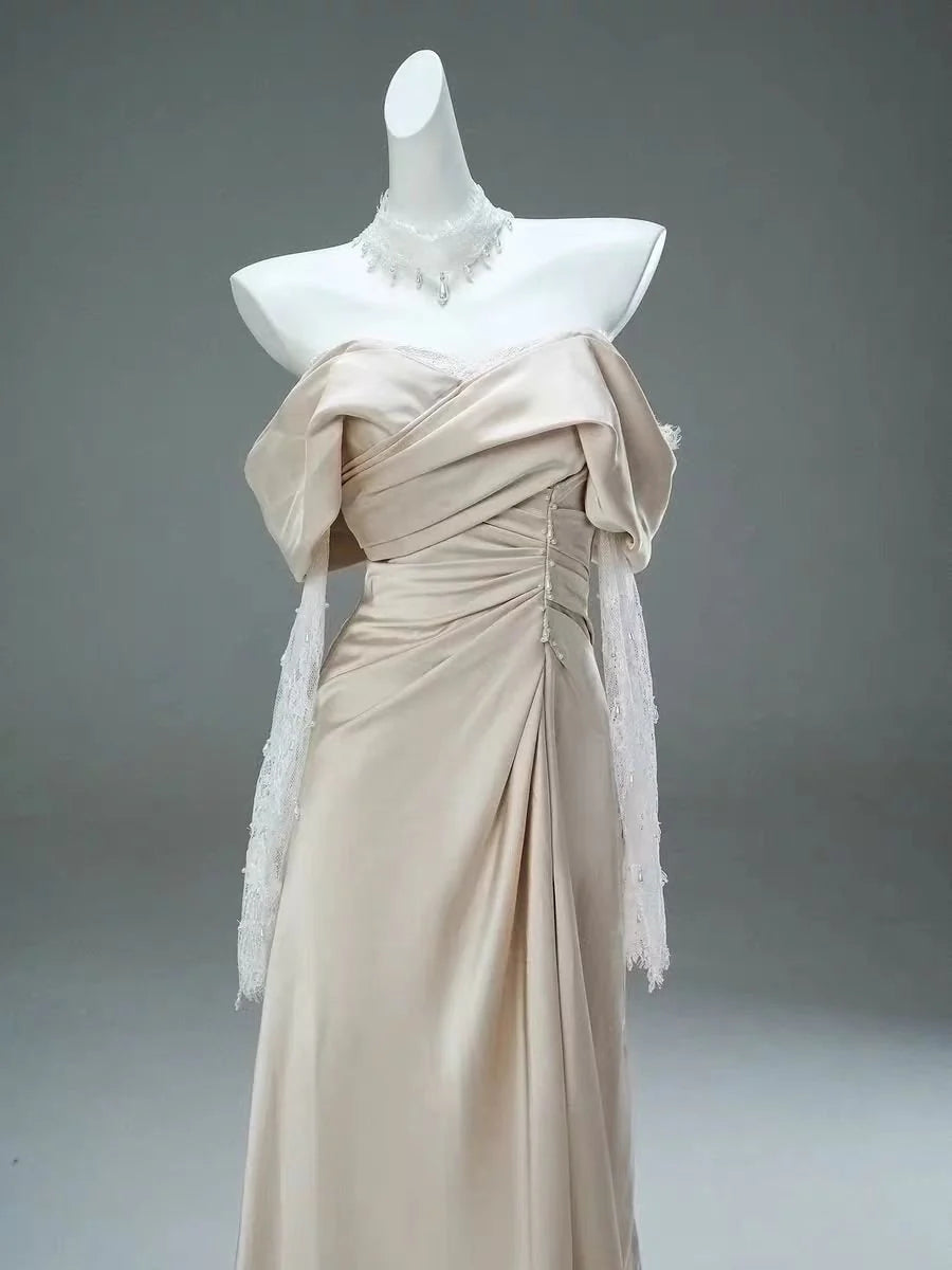 Champagne A Line Lace Long Sleeve Satin Long Prom Dress Evening Dress DP1362