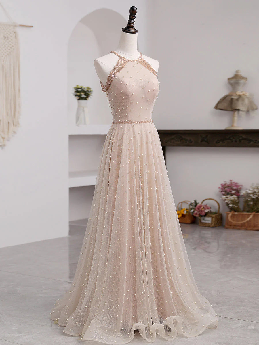 Elegant A Line Halter Beading Pearl Tulle Prom Dresses DP894