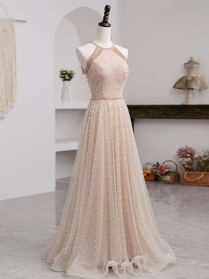 Elegant A Line Halter Beading Pearl Tulle Prom Dresses DP894