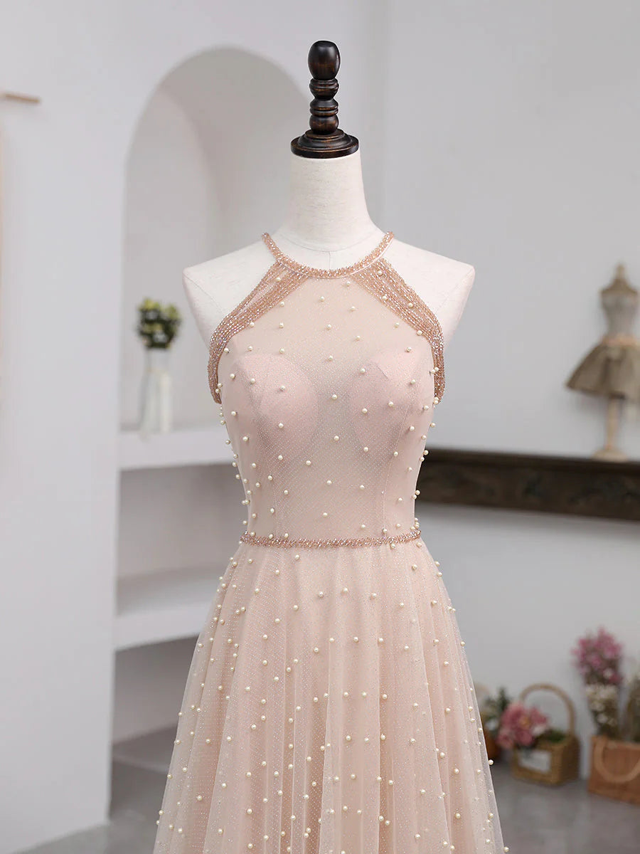 Elegant A Line Halter Beading Pearl Tulle Prom Dresses DP894