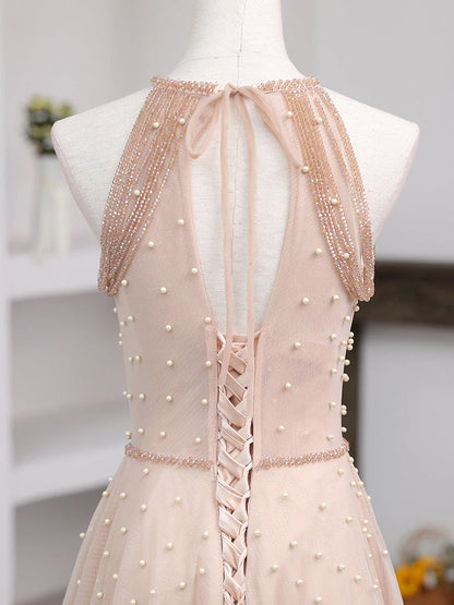 Elegant A Line Halter Beading Pearl Tulle Prom Dresses DP894