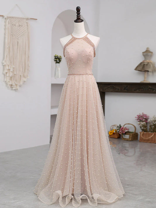 Elegant A Line Halter Beading Pearl Tulle Prom Dresses DP894