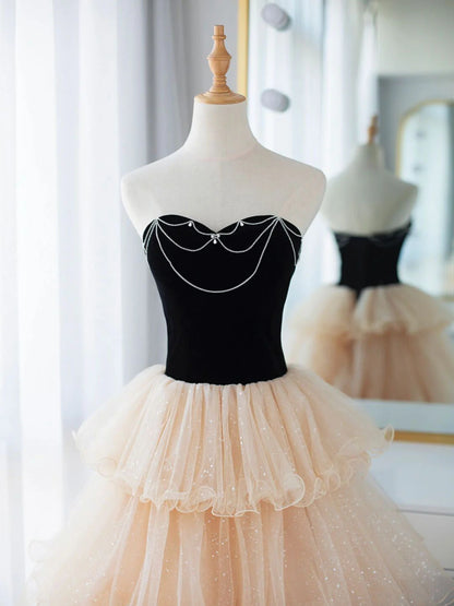 Champagne A Line Sweetheart Neck Tulle Long Prom Dress DP885