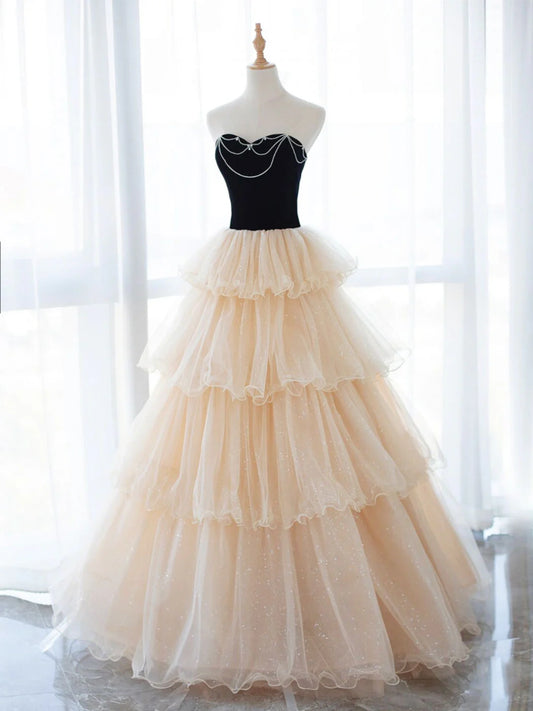 Champagne A Line Sweetheart Neck Tulle Long Prom Dress DP885