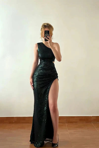 Charming Dark Green Sheath One Shoulder Sequin Prom Dress Evening Dress with Slit DP5975