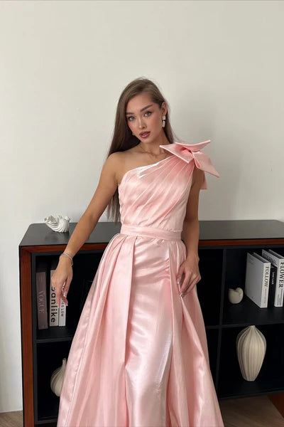 Charming Pink Mermaid One Shoulder Satin Prom Dress Evening Dress DP5977