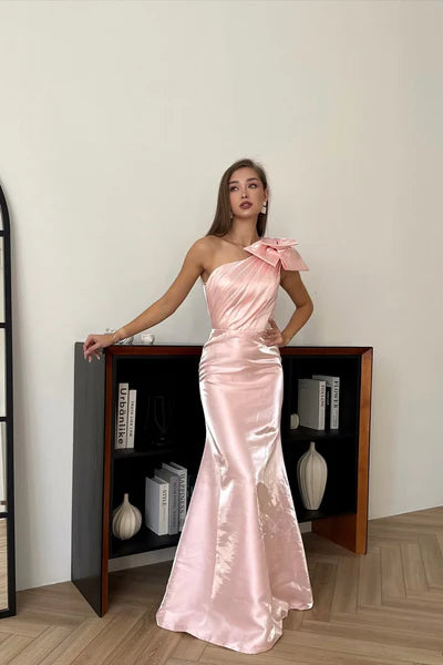 Charming Pink Mermaid One Shoulder Satin Prom Dress Evening Dress DP5977