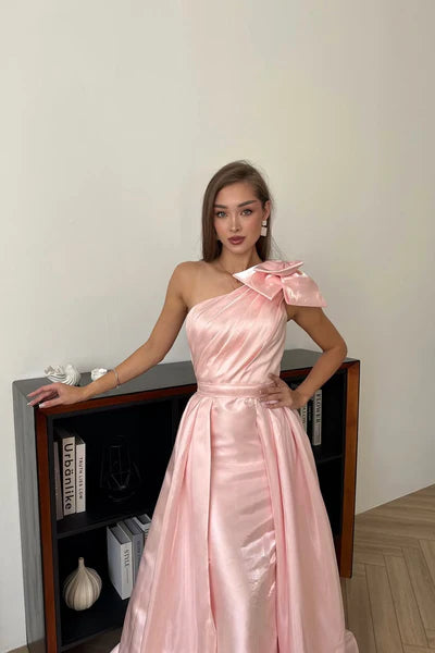 Charming Pink Mermaid One Shoulder Satin Prom Dress Evening Dress DP5977