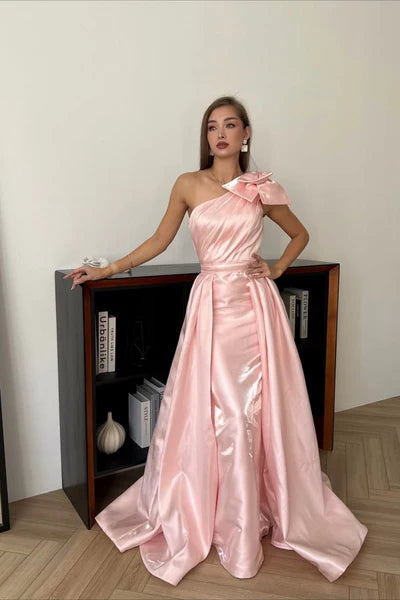 Charming Pink Mermaid One Shoulder Satin Prom Dress Evening Dress DP5977