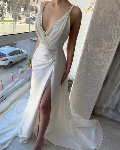 Chic Mermaid V Neck Pearl White Satin Long Prom Dress Evening Dress DP5963