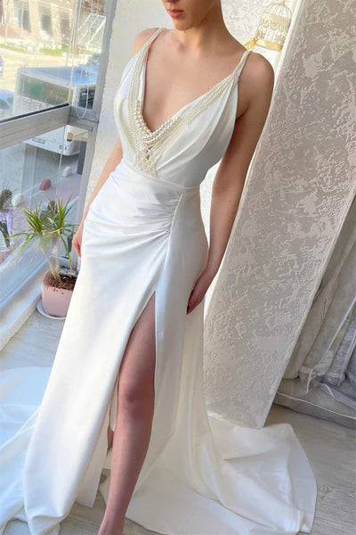 Chic Mermaid V Neck Pearl White Satin Long Prom Dress Evening Dress DP5963