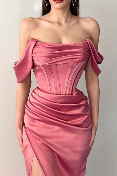 Pink Mermaid Off the Shoulder Corset Satin Long Prom Dress Evening Dress with Slit DP5965