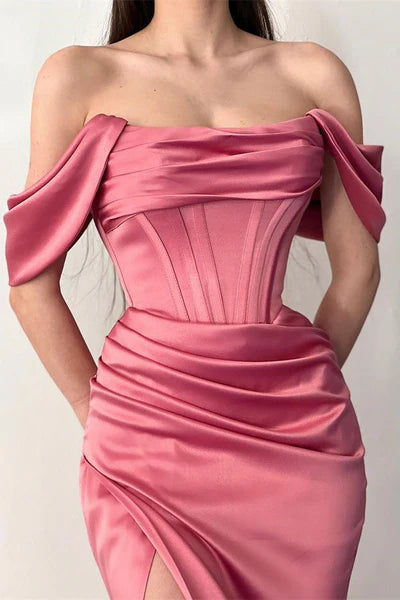 Pink Mermaid Off the Shoulder Corset Satin Long Prom Dress Evening Dress with Slit DP5965