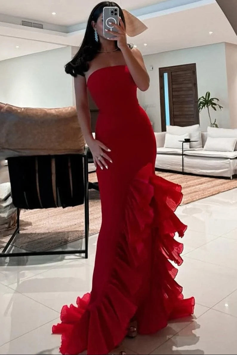 Charming Red Mermaid Strapless Satin Long Evening Dress Prom Dress DP7680