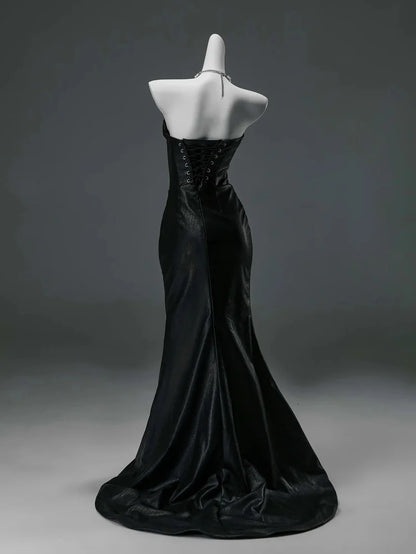 Black Secret Mermaid Strapless Satin Long Prom Dresses Formal Evening Dress DP2379