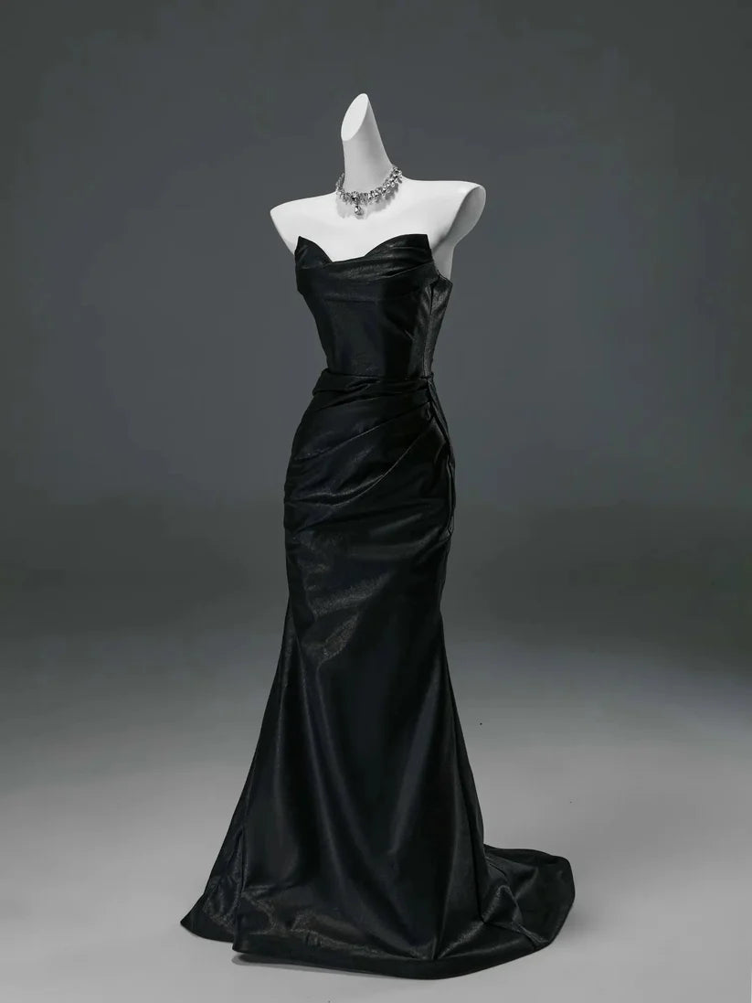 Black Secret Mermaid Strapless Satin Long Prom Dresses Formal Evening Dress DP2379