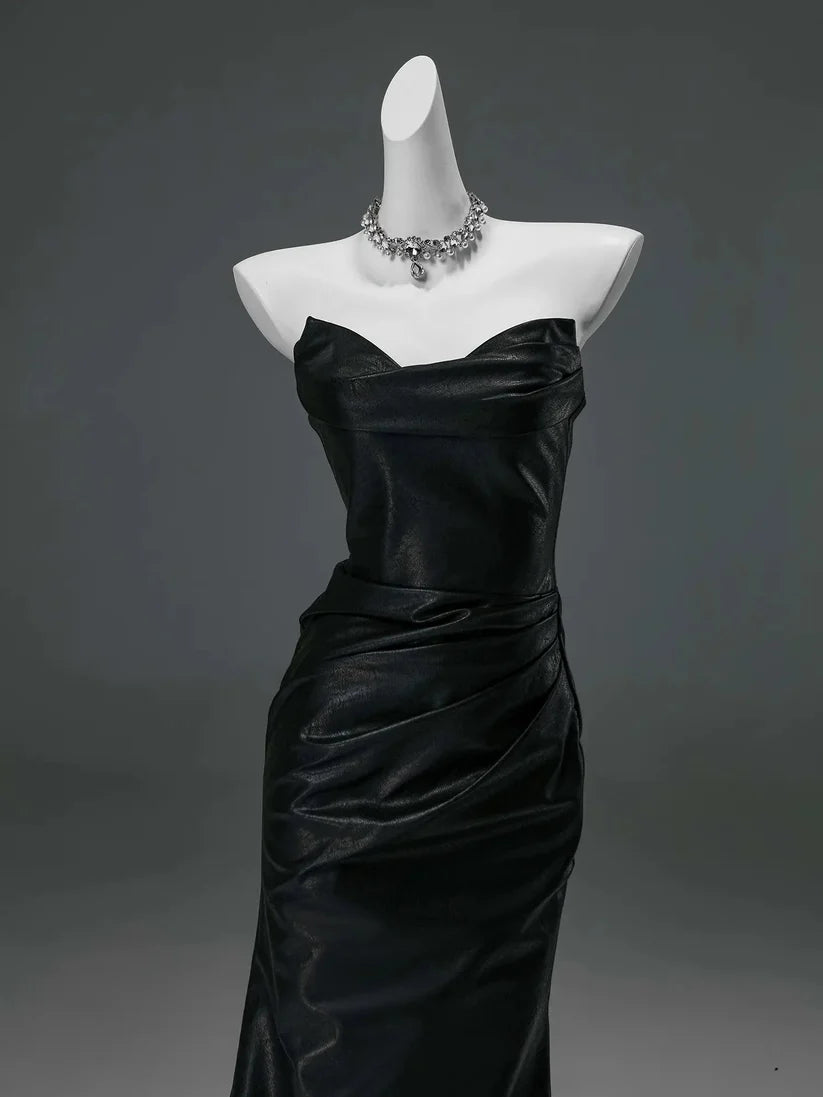 Black Secret Mermaid Strapless Satin Long Prom Dresses Formal Evening Dress DP2379