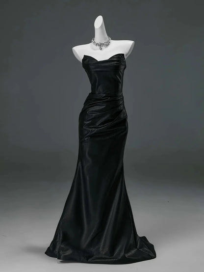 Black Secret Mermaid Strapless Satin Long Prom Dresses Formal Evening Dress DP2379