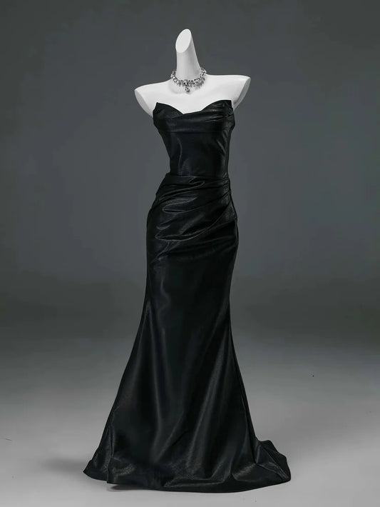 Black Secret Mermaid Strapless Satin Long Prom Dresses Formal Evening Dress DP2379