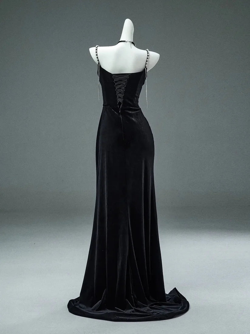 Secretly A Line Spaghetti Strap Beaded Pearl Black Velvet Party Dress Evening Dress DP2413