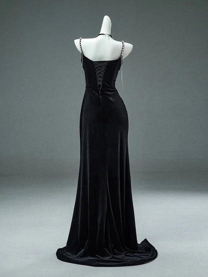 Secretly A Line Spaghetti Strap Beaded Pearl Black Velvet Party Dress Evening Dress DP2413
