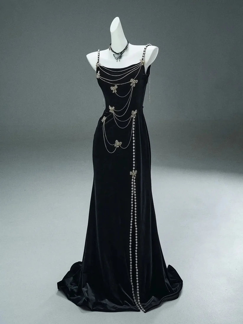 Secretly A Line Spaghetti Strap Beaded Pearl Black Velvet Party Dress Evening Dress DP2413