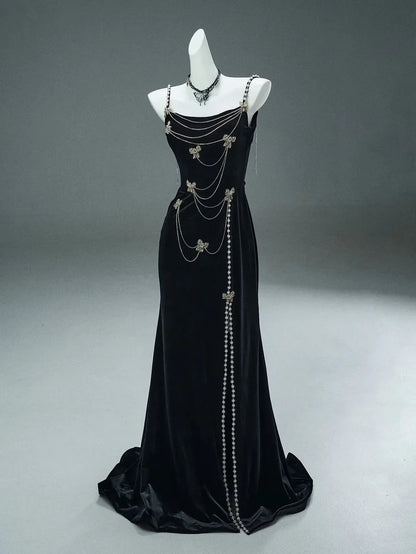 Secretly A Line Spaghetti Strap Beaded Pearl Black Velvet Party Dress Evening Dress DP2413