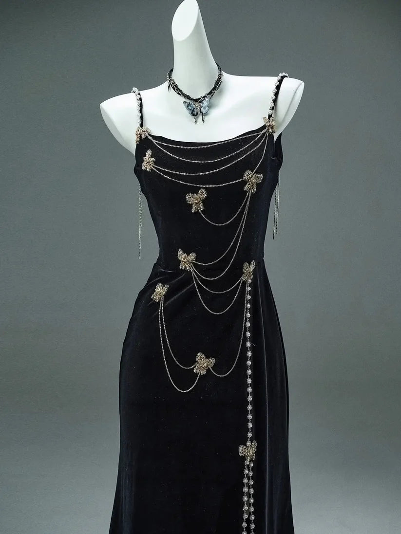 Secretly A Line Spaghetti Strap Beaded Pearl Black Velvet Party Dress Evening Dress DP2413